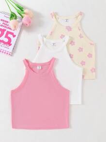 Conjunto de 3 piezas de estilo minimalista Morandi con flores y unicolor para niñas preadolescentes, conjunto de camiseta interior, top sin mangas y blusas sin mangas para niñas, paquete de blusas de verano para niños