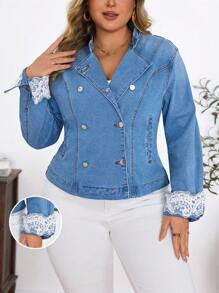 EMERY ROSE Plus Size Casual Vacation Washed Contrast Lace Denim Jacket - Light Wash - View 3