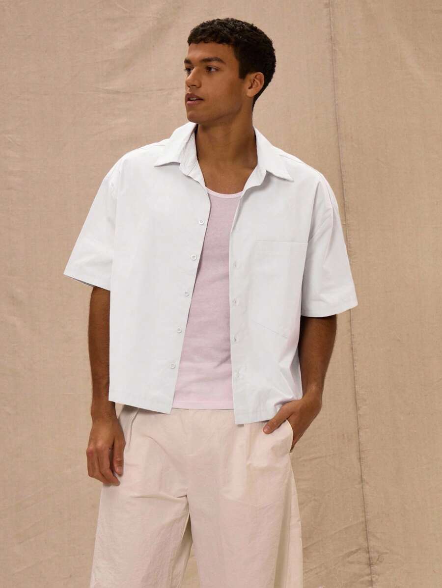Musero Boxy Fit Oversized Pocket Detail Button Through Short Sleeve Shirt Winter Layering - White - View 1