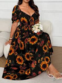 Vionelle 大码女式度假向日葵印花单肩高腰优雅连衣裙 - 黑色 - 查看 5