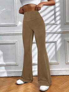 SHEIN EZwear 女士休闲运动喇叭裤，巧克力棕色 - 巧克力棕 - 查看 3