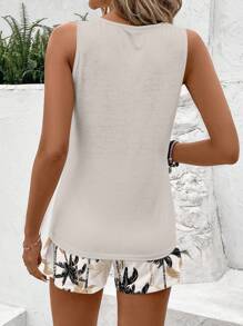 SHEIN LUNE 2 件套休闲女士圆领背心和短裤套装，椰子树印花，适合夏季度假女士夏季 2 件套女士夏季服装棕榈树短裤套装女士度假服装适合外出 - 彩色 - 查看 2