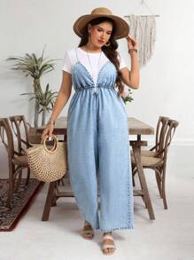 EMERY ROSE Plus Size Casual Vacation Denim Jumpsuit - Blue - View 4