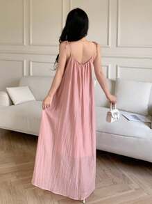 Modelyn 女式优雅纯色夏季褶皱长款吊带裙 - 珊瑚粉 - 查看 5