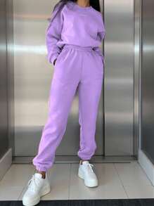 INAWLY Set de 2 piezas de sudadera y pantalón de chándal casual con estampado de letras para mujer, otoño/invierno - Púrpura malva - Ver 4