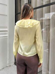 Serisse Back To School Clothes , Fall Women Clothes , Cute Tops Women , 2025 Old Money Aesthetic Pale Yellow Blouse With V-Neck Layered Ruffles & Tie Front - Lightweight Teachers For Women, Airport For Women, Versatile Fall Blouse For Daily Commute Winter Casual - Yellow - View 6