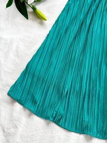 Soleia 女式孔雀蓝编织褶皱纹理喇叭形 A 字形系带前挂脖迷你连衣裙，带蝴蝶结，飘逸性感，夏季、毕业典礼、婚礼 - 水鴨藍 - 查看 4