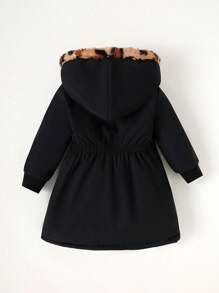 SHEIN Playful Pals 女婴幼儿新生儿 0-3 岁保暖双面连帽仿皮草法兰绒豹纹和纯黑色中长款夹克，秋冬