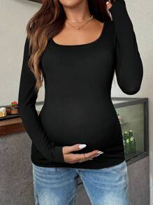 SHEIN Maternity Plain Round Neck Long Sleeve Casual Slim Fit T-Shirt - Black - View 3