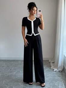 Elenzga A Two Pieces Set For Elegant Summer Vacation And Commuting For Ladies - Black - View 3