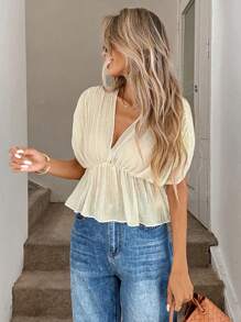 Easowa V 领褶皱腰 A 字形上衣，采用透明面料，女士休闲优雅假日装，春夏冬季老式风格正式上衣，外出办公室装束前系带上衣，秋季老式风格机场商务休闲可爱上衣 - 白色 - 查看 5