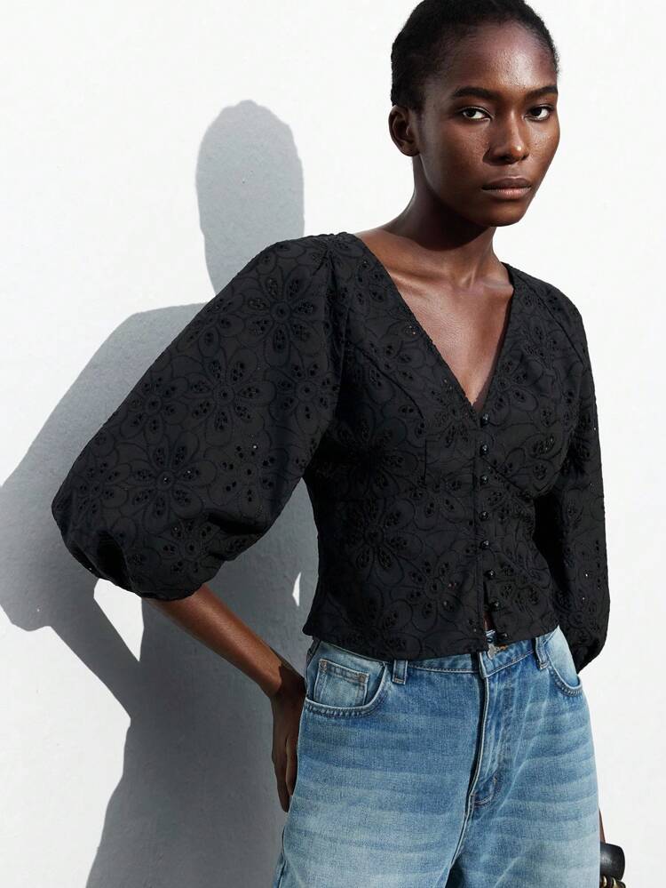 SHEIN Maija Women's V-Neck Front Button Casual Vacation Embroidered Floral Hollow Out Lantern Sleeve Fitted Blouse, Beach Summer Holiday Vacation Summer Going Out Graduation Casual Blouses For Women