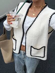 Siren Gaze Veste sans manches femme avec bordure contrastée et poches, veste d'extérieur sans manches avec bordure noire, vintage, rentrée scolaire, automne, hiver