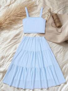 SHEIN Vintaside Kids Tween Girl Solid Knitted Jacquard Cami Dress Two-Piece Set For Summer, School, Campus, College - Baby Blue - View 8