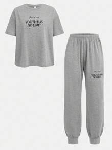 SHEIN 2 件青少年女孩休闲简约字母图案圆领短袖 T 恤和裤子家居服套装 - 灰色 - 查看 11