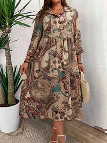 EMERY ROSE Plus Size Women Floral Print 3/4 Sleeve Buttoned Shirt Dress For Vacation