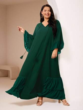 Mulvari Plus Size Tassel & Bow Tie Collar Bell Sleeve Dress
