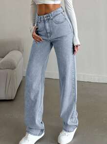 SHEIN Tall Snow Wash Straight Leg Jeans High Rise For Tall - Teal Blue - View 7