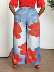 SHEIN CURVE+ Pantalones vaqueros de talla grande con estampado de lirios rojos, pantalones anchos con cintura elástica cómoda, pantalones con estampado de lirios coloridos de estilo Y2K para festivales de música de otoño - Lavado ligero - Ver 6