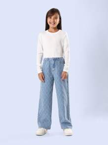 SUMWON Diamond Pattern Wide Leg Jeans Trendsetter Denim Pants With Vintage Distressed All Over Pattern Classic High Rise School Weekend Casual Bottoms - Light Wash - View 3