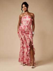 MISSGUIDED Floral Ruffle Maxi Dress Evening Gown Halter Neck Special Occasion Wedding Guest Empire Waist Devore Chiffon Backless Party Formal - Multicolor - View 1