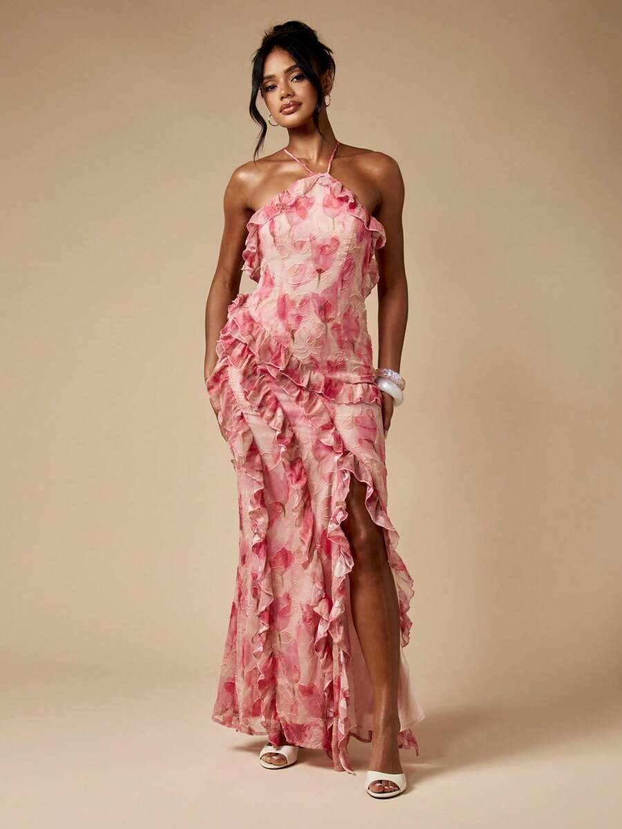 MISSGUIDED Floral Ruffle Maxi Dress Evening Gown Halter Neck Special Occasion Wedding Guest Empire Waist Devore Chiffon Backless Party Formal - Multicolor - View 1