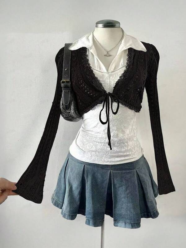 Celisse Women's Solid Color Hollow Out Knitted Super Short Thin Cardigan Fall Winter Cloth For Women