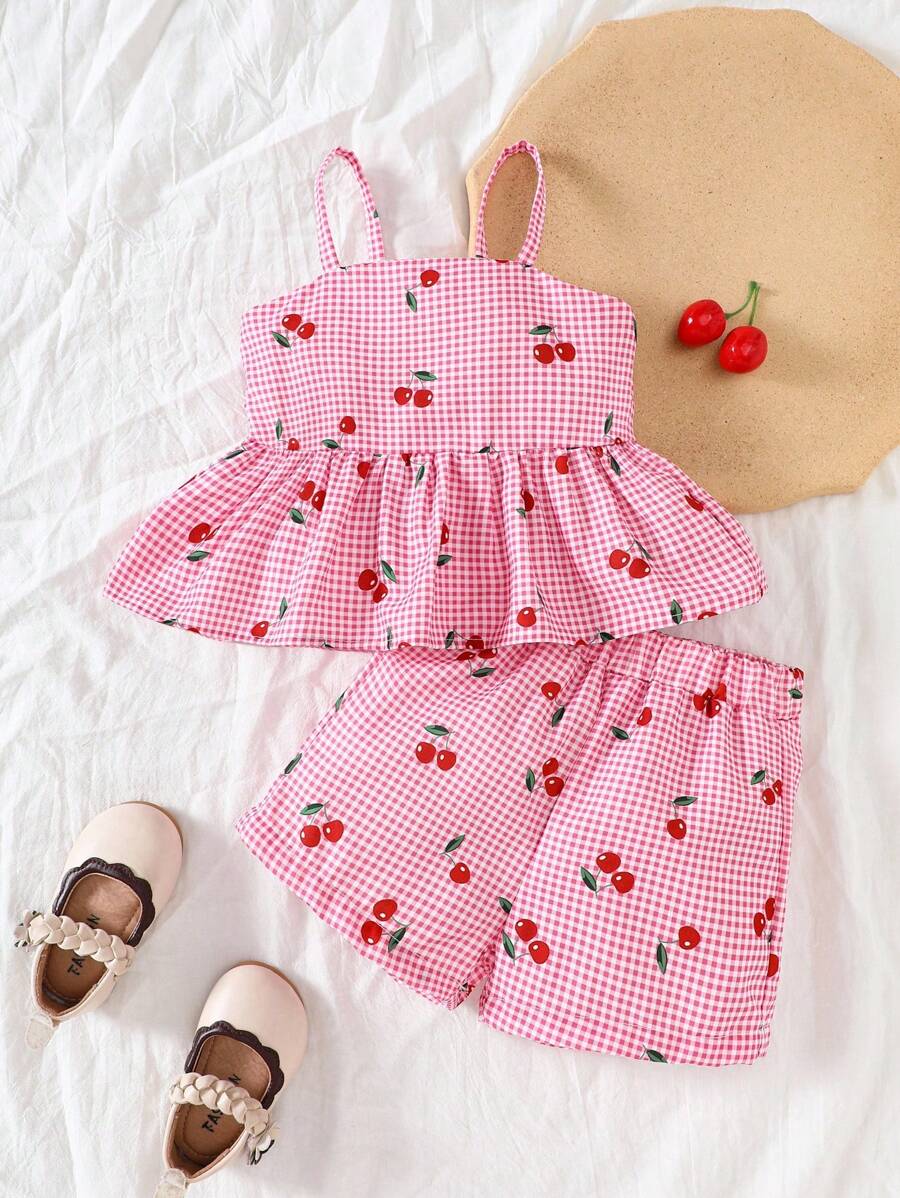 SHEIN Vintaside Kids 2pcs/Set Baby Girl Spring&Summer Vacation Style Cherry&Plaid Printing Slip Top&Shorts