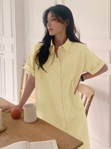 DAZY 女士宽松中长款短袖衬衫裙/长款连衣裙 - 米色 - 查看 8