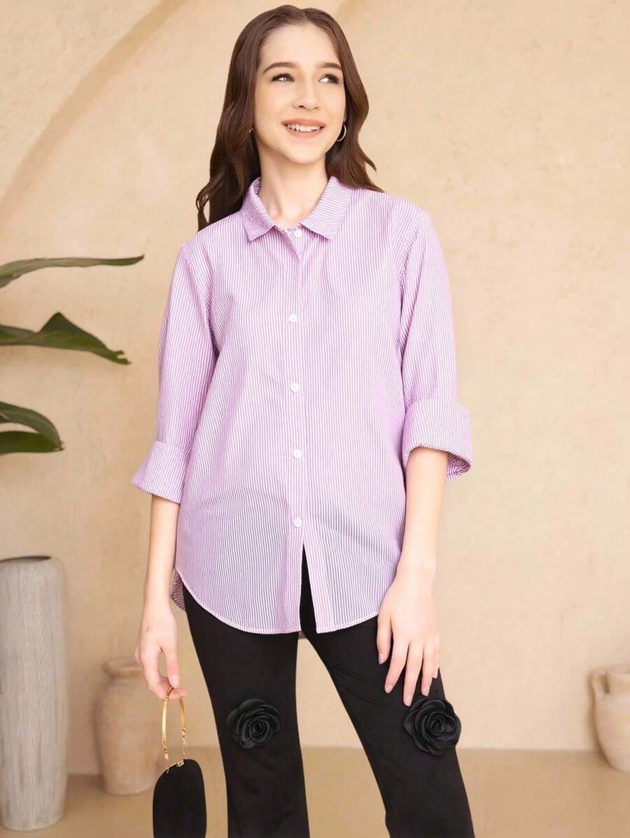 1pc Teen Girl Casual Striped Long Sleeve Long Shirt Shirts For Girls - Pink - View 1