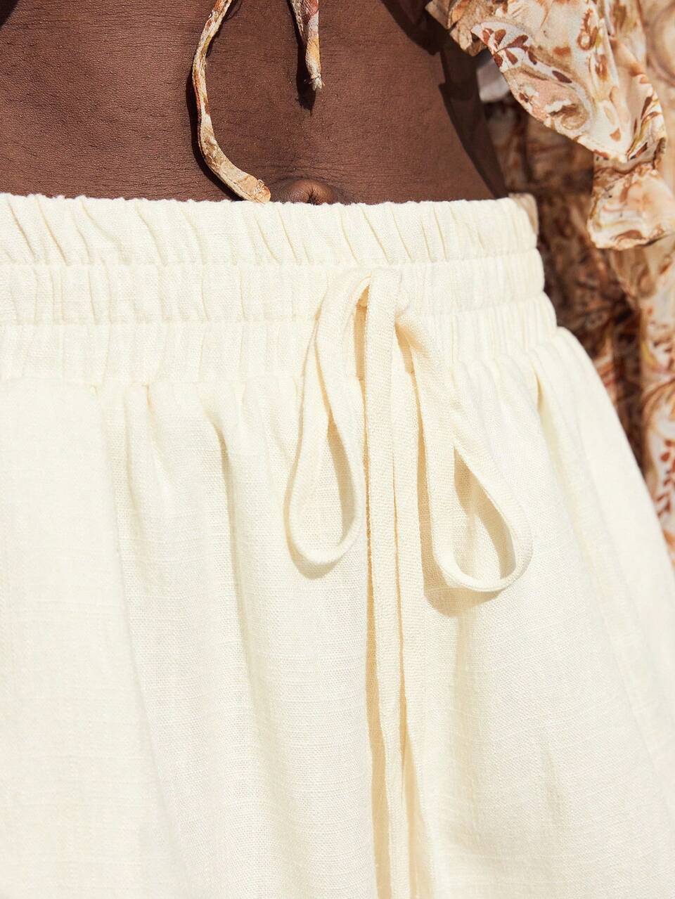 SHEIN Maija Women's Summer Boho Embroidered Loose Shorts,Self-Tie Waist Eyelet Lace Cream White Bohemian Clothes For Beach Holiday