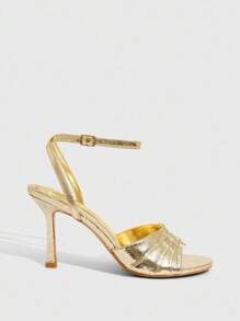 CUCCOO SZL 女士金色金属 PU 绑带踝带时尚性感方头夏季约会派对金属优雅圆头高跟凉鞋