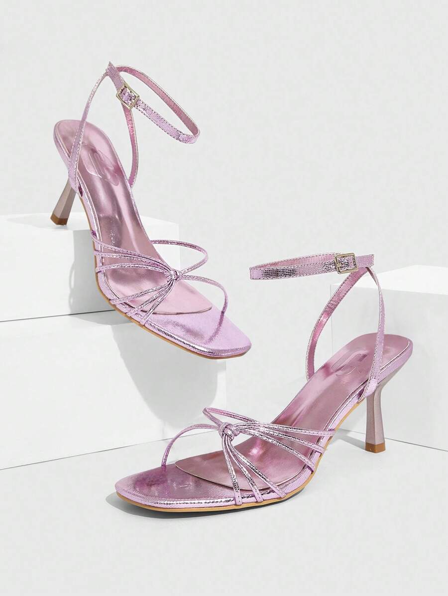 CUCCOO SZL 金属粉色 PU 绑带露趾时尚性感迷人高跟凉鞋，适合夏季户外和夜店穿着 - 粉色 - 查看 1