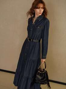 MOTF PREMIUM 系腰带荷叶边下摆牛仔连衣裙