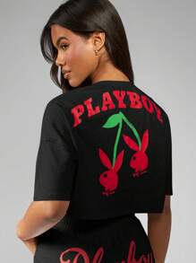 Missguided x Playboy 超大号短款 T 恤樱桃印花设计棉质街头休闲短袖宽松节日夏季春季上衣 - 黑色 - 查看 1
