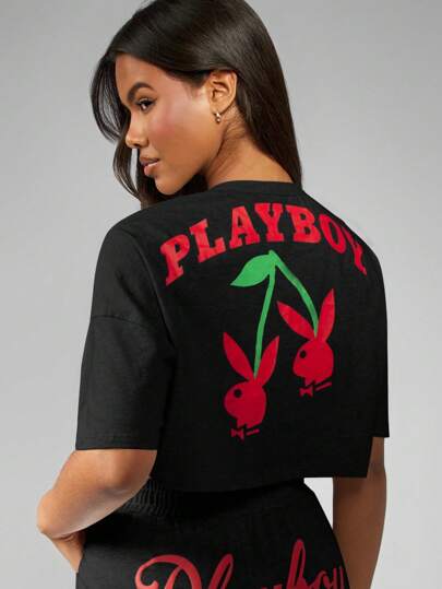 Missguided x Playboy Oversized Crop T-Shirt Cherry Print Design Cotton Streetwear Casual Short Sleeve Loose Fit Festival Summer Spring Top
