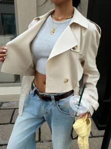 Muchica 女式米色翻领双排扣短款休闲风衣 - 杏色 - 查看 6