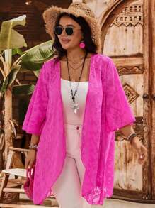 EMERY ROSE Plus Size Vacation Casual Boho Rose Red Cutout Design Kimono Cover Up Fall Country Concert Fall,Fall Clothes For Women - Hot Pink - View 6
