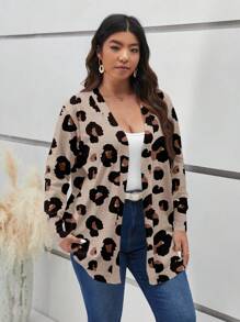 Plus Size Women Khaki Leopard Print Knitted Cardigan, Casual & Minimalist Style Suitable For Autumn, New Arrival Autumn And Winter Fall - Khaki - View 3