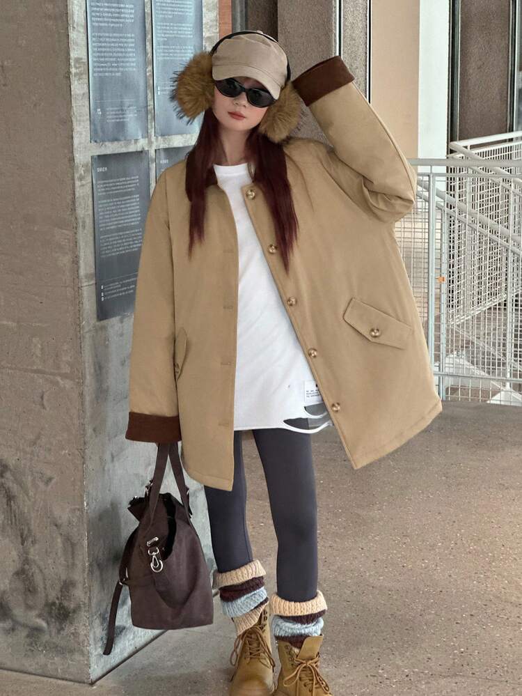 Teen Girls' Colorblock Patchwork Long Sleeve Padded Coat, Casual Street Style For Winter