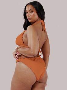 MUSERA Plus Frill Trim Bikini Bottom Swim, Holiday, Sexy, Cute - Orange - View 2