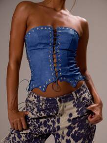 MUSERA 仿皮系带抹胸式镂空弧形下摆束身胸衣，适合音乐节、演唱会、锐舞派对、俱乐部、后台等场合，性感迷人，适合假日、秋季、春夏等各种场合。 - 藍色 - 查看 6