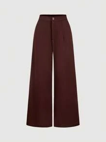 SHEIN MOD 纯色方领修身无袖上衣和阔腿裤优雅套装 - 棕色 - 查看 6