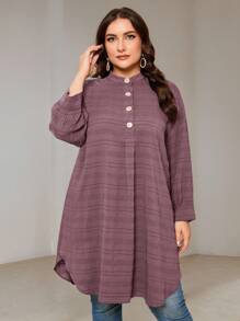 Veilorie Plus Size Women's Solid Color Drop Shoulder Long Sleeve Button Half-Placket Long Casual Shirt, Fall - Dusty Purple - View 5