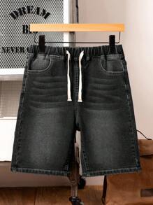 SHEIN 青少年男童抽绳腰带口袋宽松休闲牛仔短裤 男童松紧腰牛仔短裤 青少年男童牛仔短裤