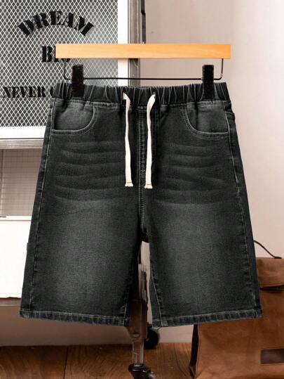 SHEIN 青少年男童抽绳腰带口袋宽松休闲牛仔短裤 男童松紧腰牛仔短裤 青少年男童牛仔短裤