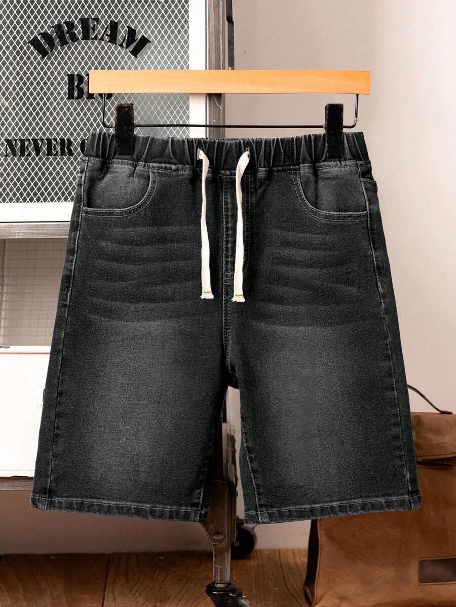 SHEIN 青少年男童抽绳腰带口袋宽松休闲牛仔短裤 男童松紧腰牛仔短裤 青少年男童牛仔短裤