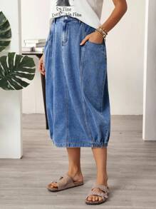 EMERY ROSE Women's Loose Casual Flower Bud Denim Skirt With Pockets - Blue - View 6