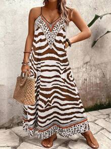 Breezaya Plus Size Women Leopard & Zebra Pattern Loose Sleeveless Dress, Summer - Brown - View 7