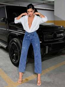 EURMUSE Women's Casual Washed Rhinestone Decoration Denim Jeans ,Petite Women - Medium Wash - View 5